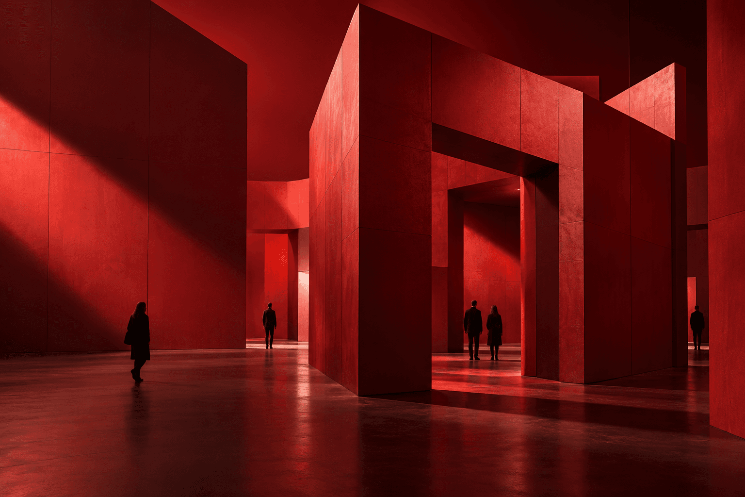Conceptual red modular spatial installation with visitors